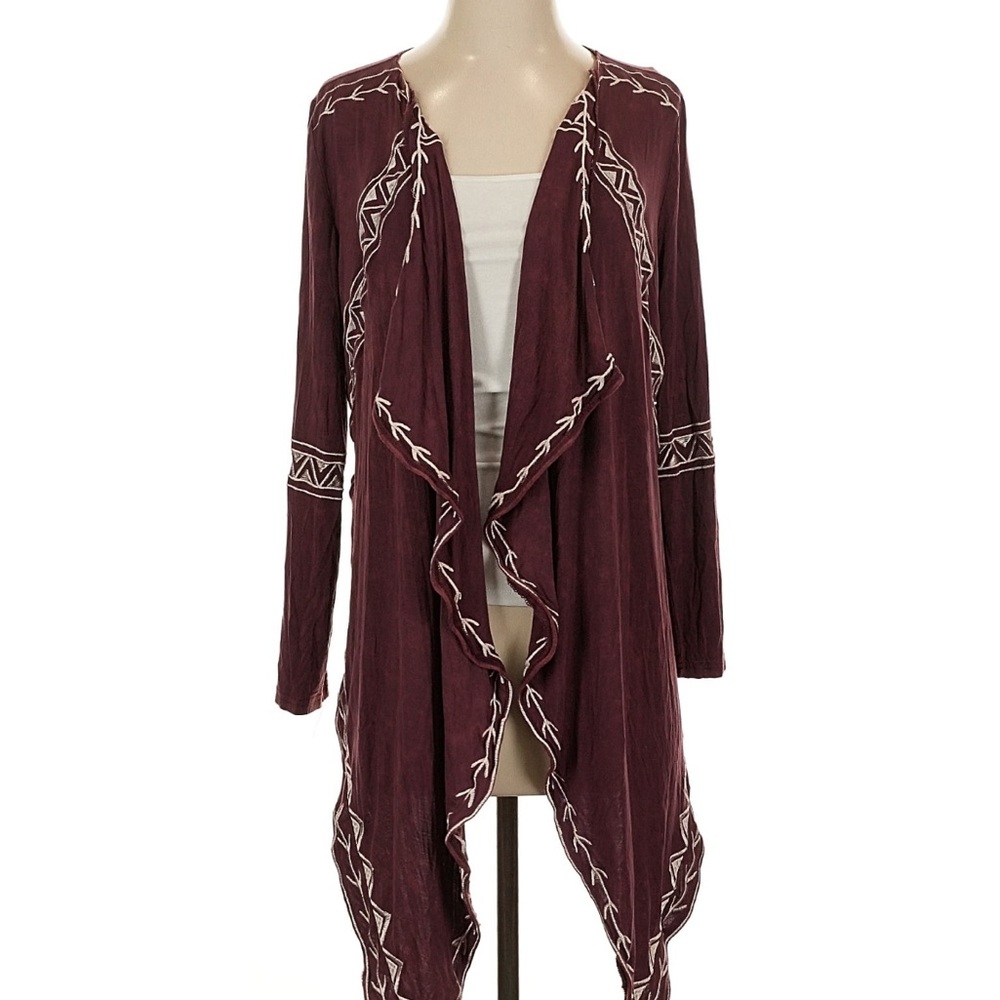 POL Maroon Embroidered Open-Front Cardigan with Cream Accents